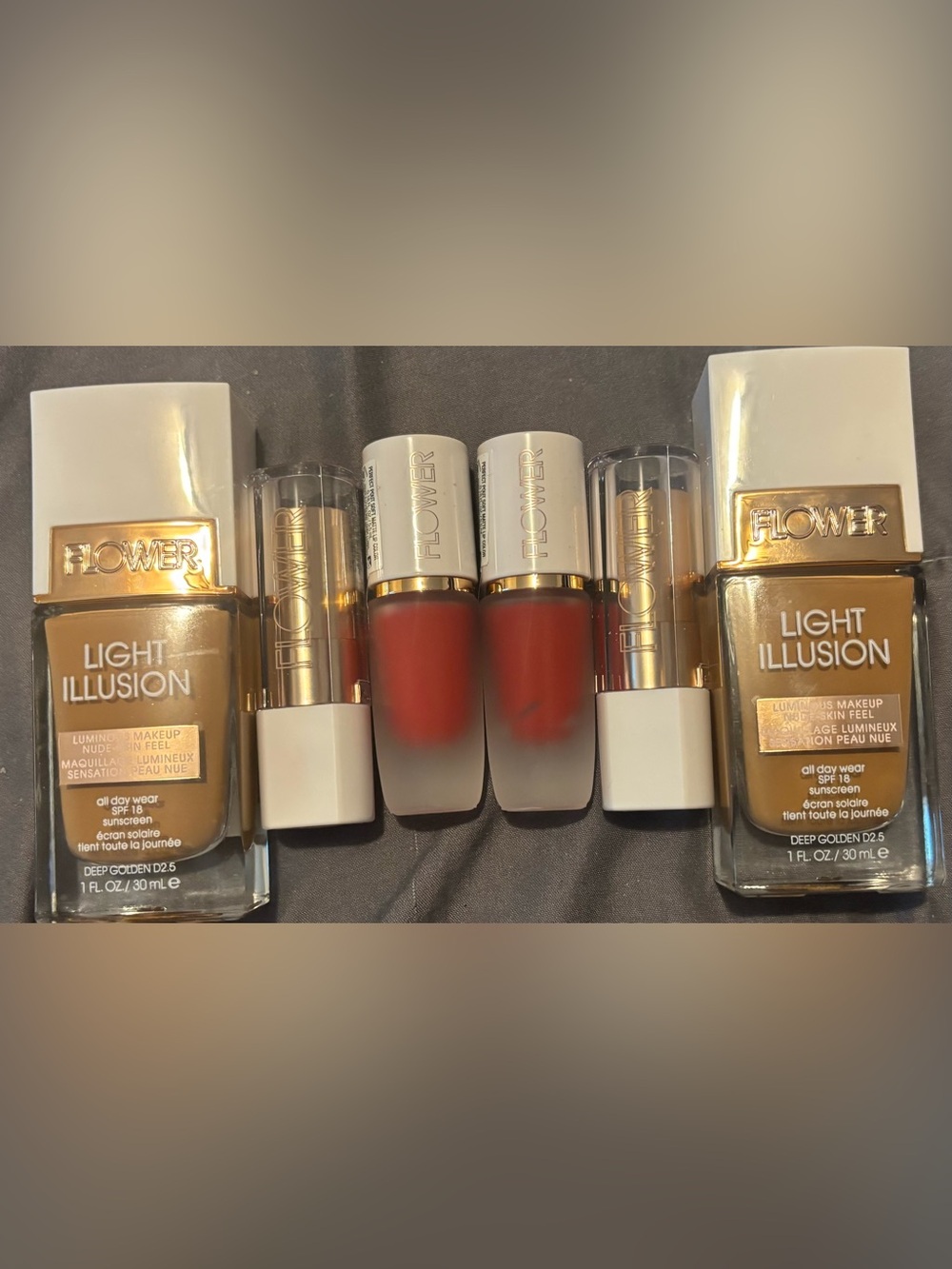 FLOWER Light Illusion Foundation - Deep Golden (D2.5) with Red Lip Shades